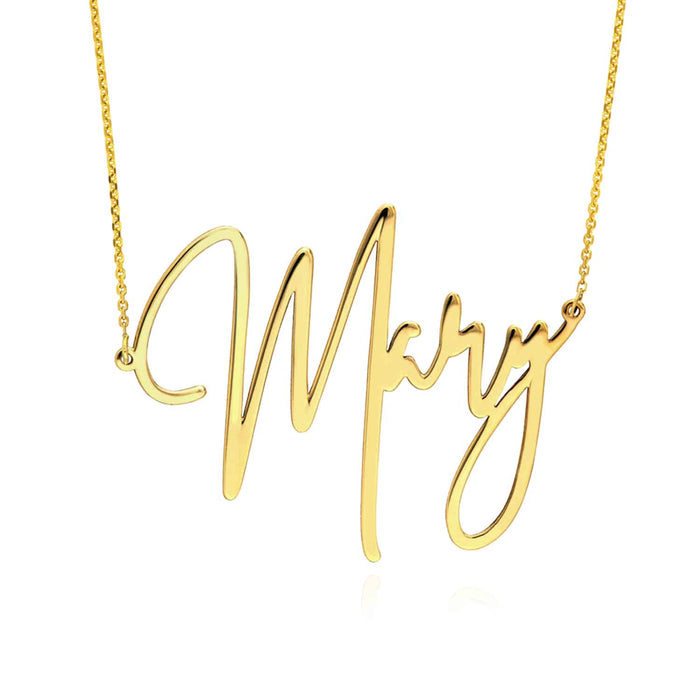 Customizable 14K Yellow Gold Signature Nameplate Necklace (Solid Links) 14" - Adjustable - WJD Exclusives