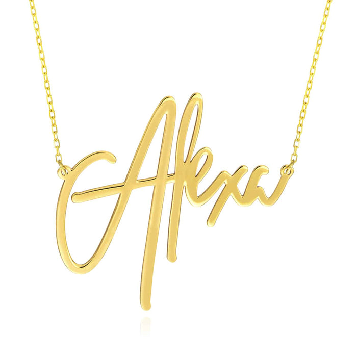 Customizable 14K Yellow Gold Signature Nameplate Necklace (Solid Links) 14" - 18" Adjustable - WJD Exclusives