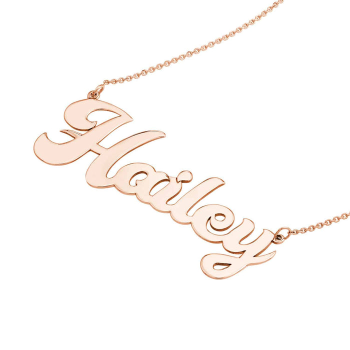 Customizable 14K Yellow Gold Cursive Nameplate Necklace (Solid Links) 14" - 18" Adjustable - WJD Exclusives