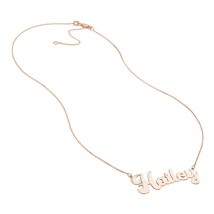 Customizable 14K Yellow Gold Cursive Nameplate Necklace (Solid Links) 14" - 18" Adjustable - WJD Exclusives