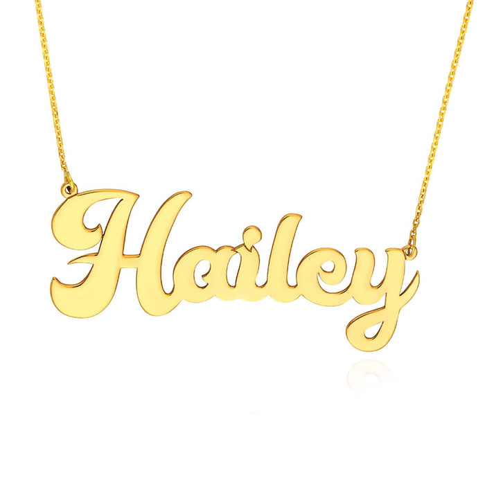Customizable 14K Yellow Gold Cursive Nameplate Necklace (Solid Links) 14" - 18" Adjustable - WJD Exclusives