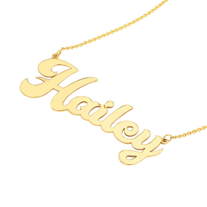 Customizable 14K Yellow Gold Cursive Nameplate Necklace (Solid Links) 14" - 18" Adjustable - WJD Exclusives