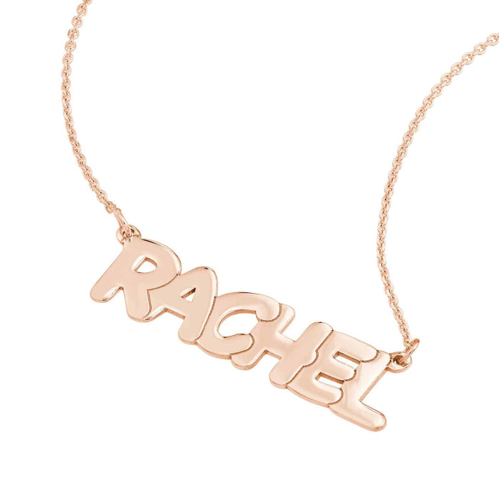 Customizable 14K Yellow White Rose Gold Bubble Style Nameplate Necklace (Solid Links) 14" - 18" Adjustable - WJD Exclusives