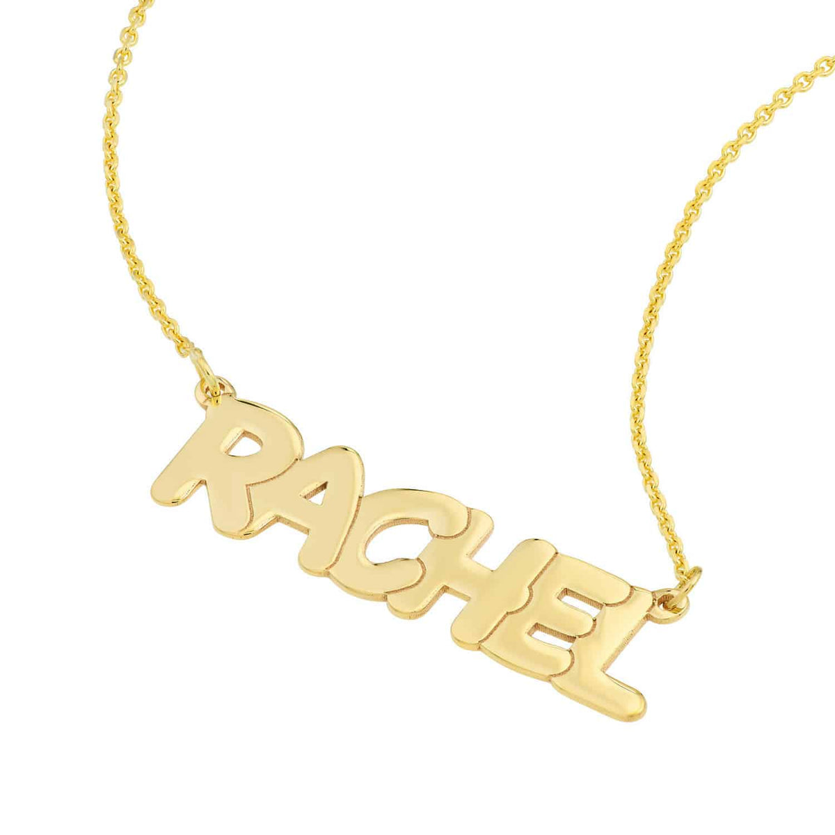 Customizable 14K Yellow White Rose Gold Bubble Style Nameplate Necklace (Solid Links) 14" - 18" Adjustable - WJD Exclusives