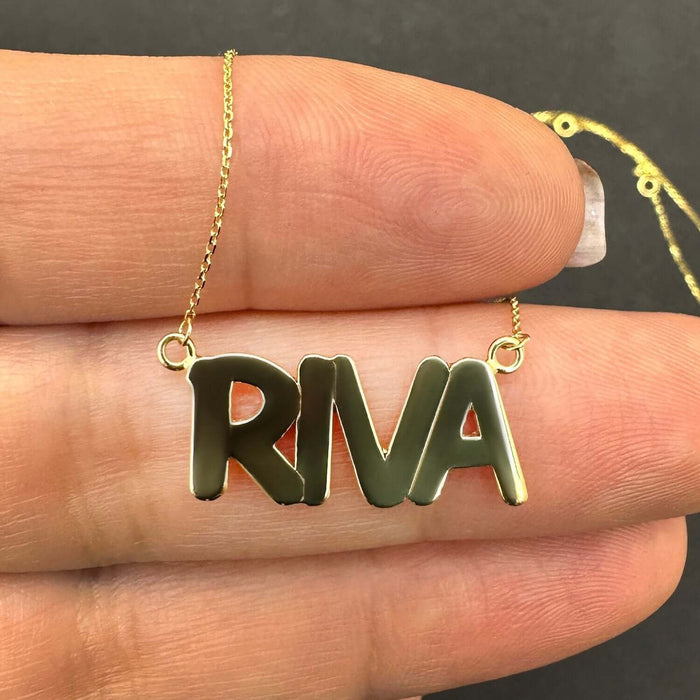 Customizable 14K Yellow White Rose Gold Bubble Style Nameplate Necklace (Solid Links) 14" - 18" Adjustable - WJD Exclusives