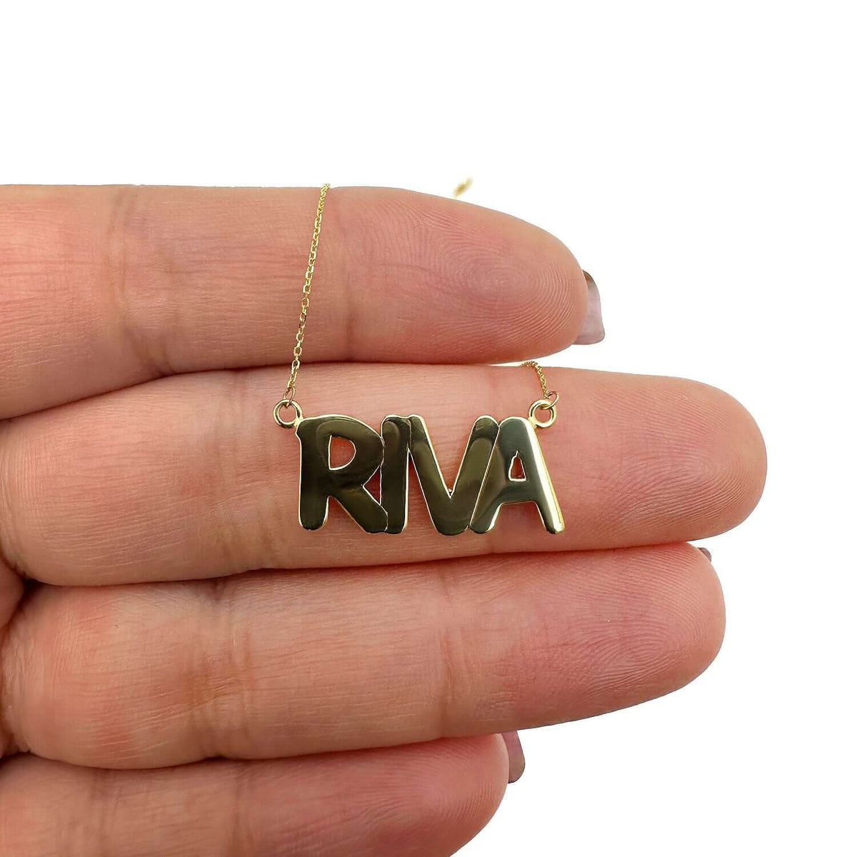 Customizable 14K Yellow White Rose Gold Bubble Style Nameplate Necklace (Solid Links) 14" - 18" Adjustable - WJD Exclusives