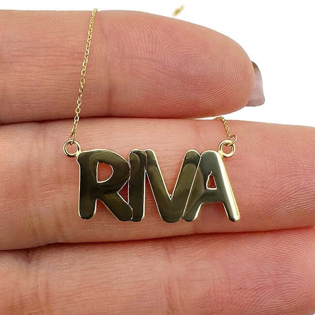 Customizable 14K Yellow White Rose Gold Bubble Style Nameplate Necklace (Solid Links) 14" - 18" Adjustable - WJD Exclusives