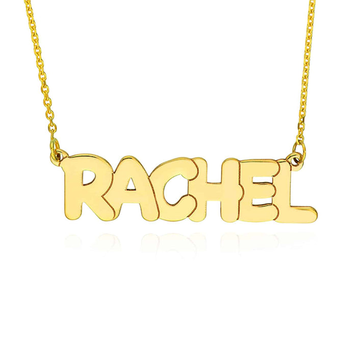 Customizable 14K Yellow White Rose Gold Bubble Style Nameplate Necklace (Solid Links) 14" - 18" Adjustable - WJD Exclusives