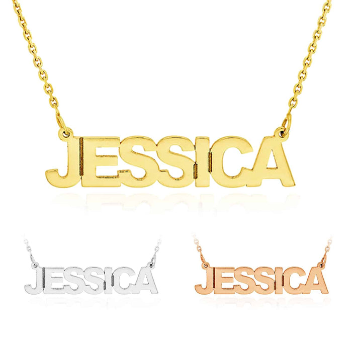 Customizable 14K Yellow White Rose Gold Block Style Nameplate Necklace (Solid Links) 14" - 18" Adjustable - WJD Exclusives