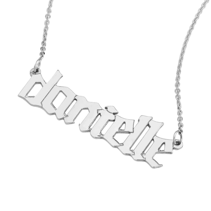 Customizable 14K White Rose Gold Gothic Nameplate Necklace (Solid Links) 14" - 18" Adjustable - WJD Exclusives