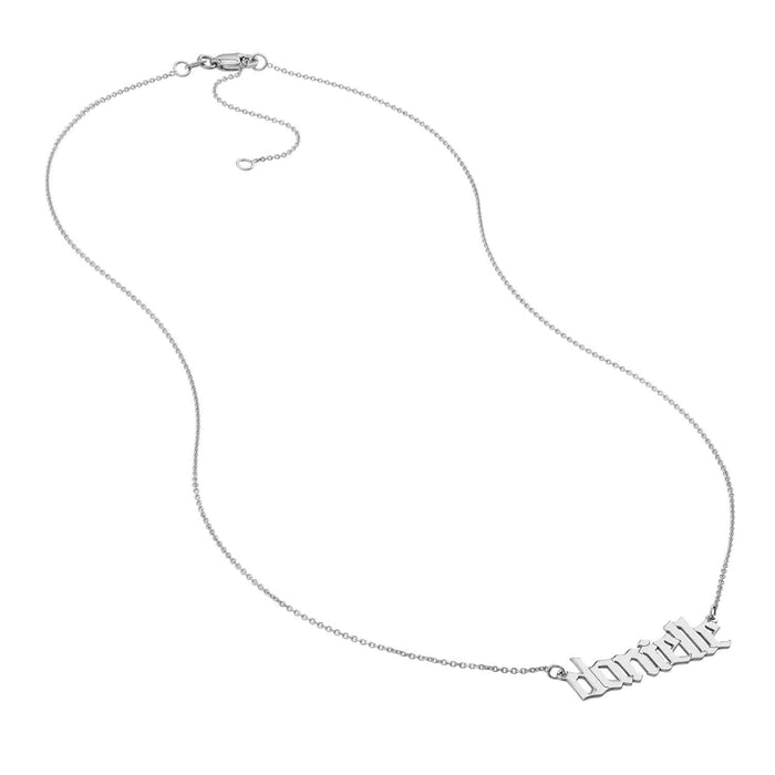 Customizable 14K White Rose Gold Gothic Nameplate Necklace (Solid Links) 14" - 18" Adjustable - WJD Exclusives