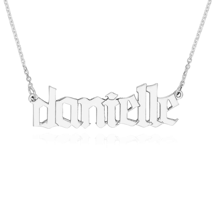 Customizable 14K White Rose Gold Gothic Nameplate Necklace (Solid Links) 14" - 18" Adjustable - WJD Exclusives
