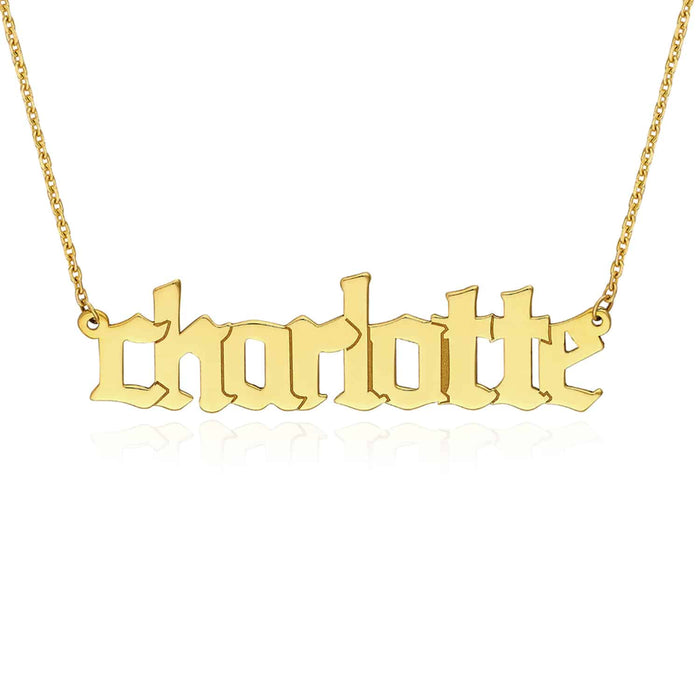 Customizable 14K Yellow White Rose Gold Gothic Nameplate Necklace (Solid Links) 14" - 18" Adjustable - WJD Exclusives