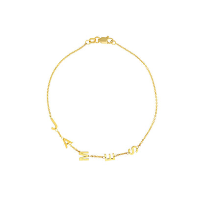 Personalized 14K Real Gold Yellow Station Block Cable Nameplate Initial Bracelet 7.5"