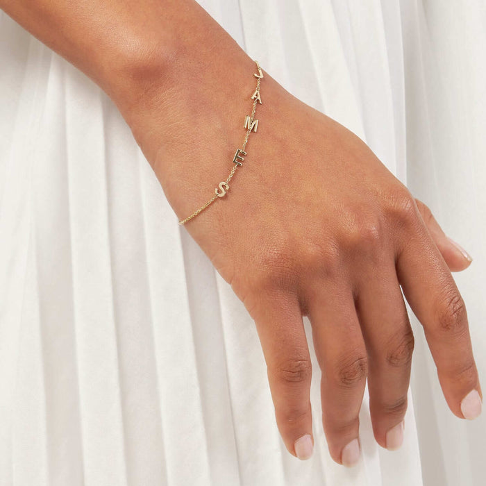 Personalized 14K Yellow Gold Station Block Cable Nameplate Initial Bracelet (Solid Links) 7.5" - WJD Exclusives