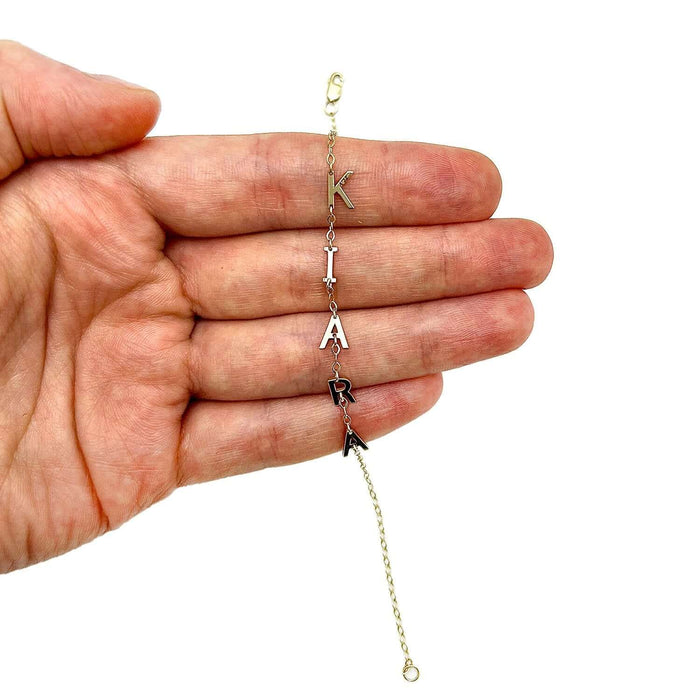 Personalized 14K Yellow Gold Station Block Cable Nameplate Initial Bracelet (Solid Links) 7.5" - WJD Exclusives