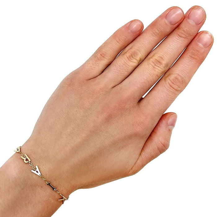 Personalized 14K Yellow Gold Station Block Cable Nameplate Initial Bracelet (Solid Links) 7.5" - WJD Exclusives