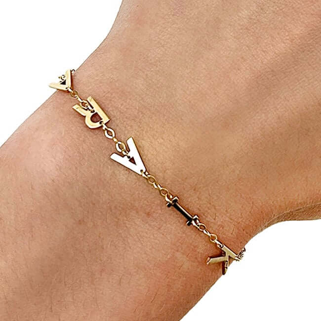 Personalized 14K Yellow Gold Station Block Cable Nameplate Initial Bracelet (Solid Links) 7.5" - WJD Exclusives