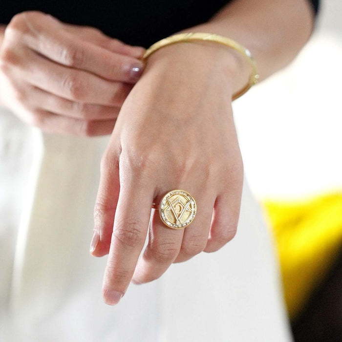 10K Gold Yellow CZ Master Mason Freemason Symbol Signet Ring - WJD Exclusives