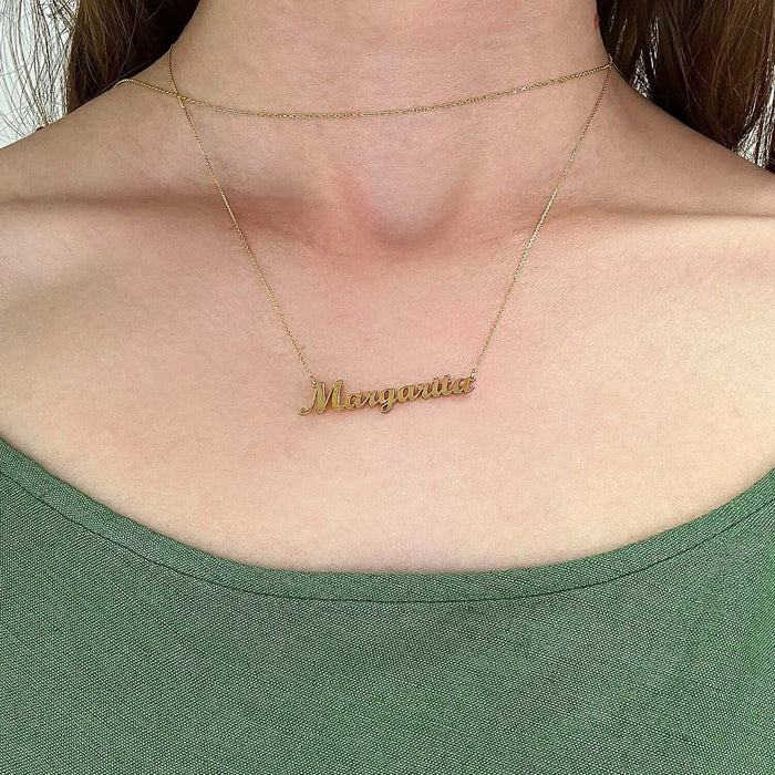 Customizable 14K Yellow White Rose Gold Cursive Nameplate Necklace (Solid Links) 14" - 18" Adjustable - WJD Exclusives