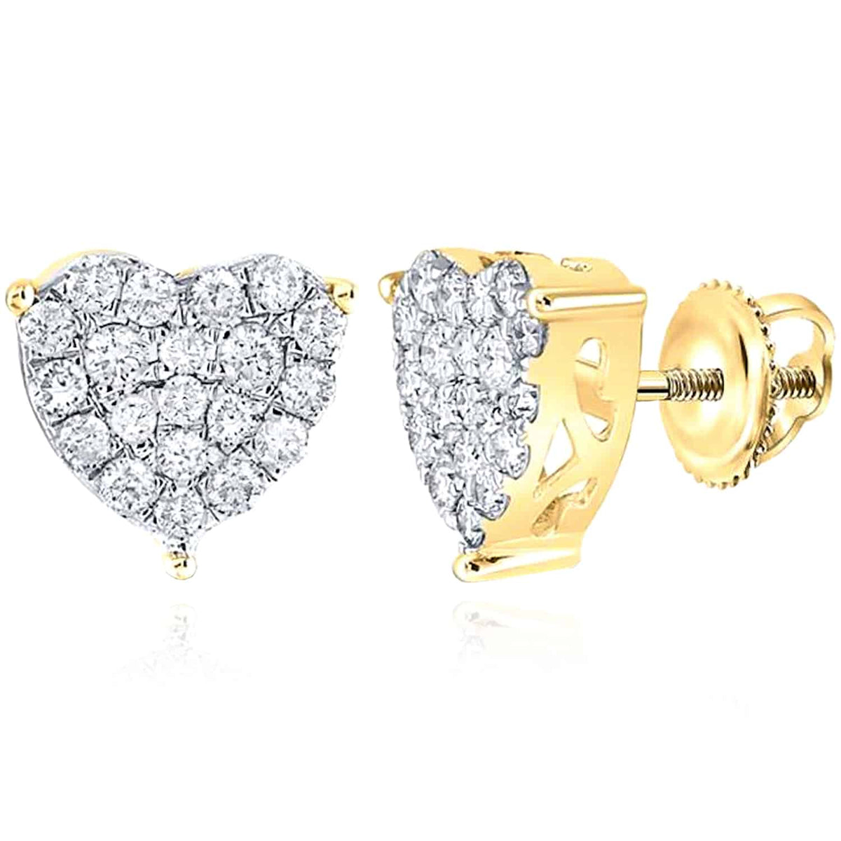 1CTW Natural Diamond 10K Gold Yellow White Heart Screw Back Stud Earrings - WJD Exclusives