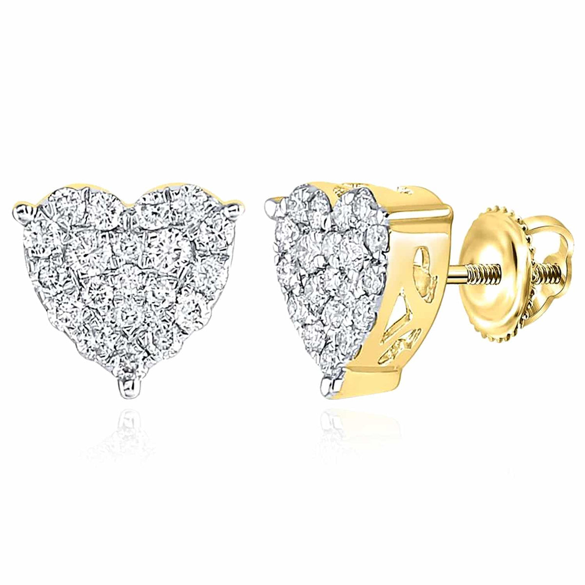 1CTW Natural Diamond 10K Gold Yellow White Heart Screw Back Stud Earrings - WJD Exclusives