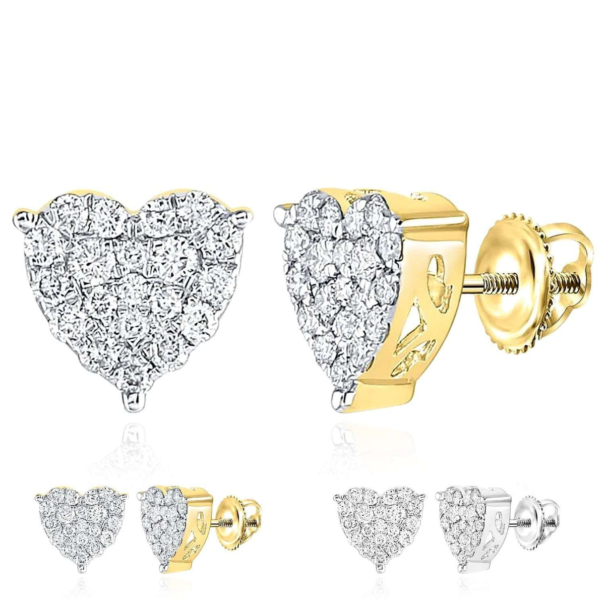1CTW Natural Diamond 10K Gold Yellow White Heart Screw Back Stud Earrings - WJD Exclusives