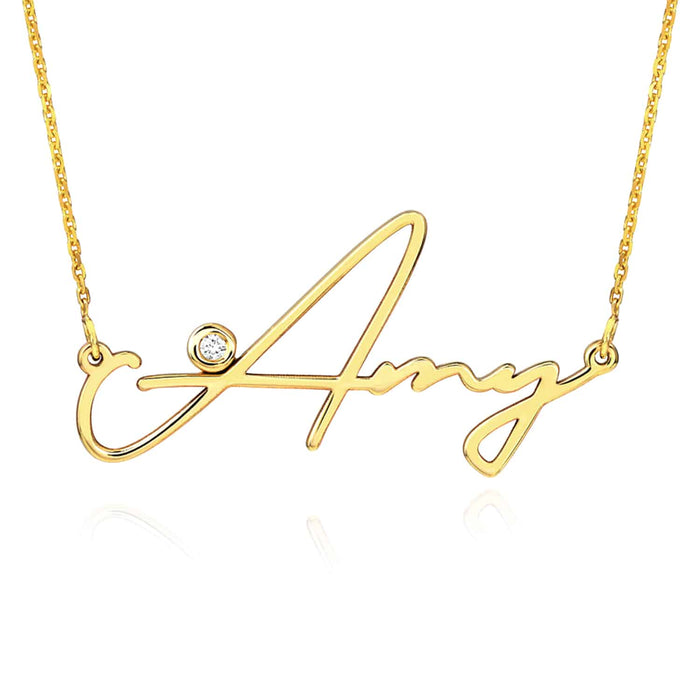 Customizable Natural Diamond 14K Yellow Gold Signature Nameplate Necklace (Solid Links) 16" - 18" Adjustable - WJD Exclusives