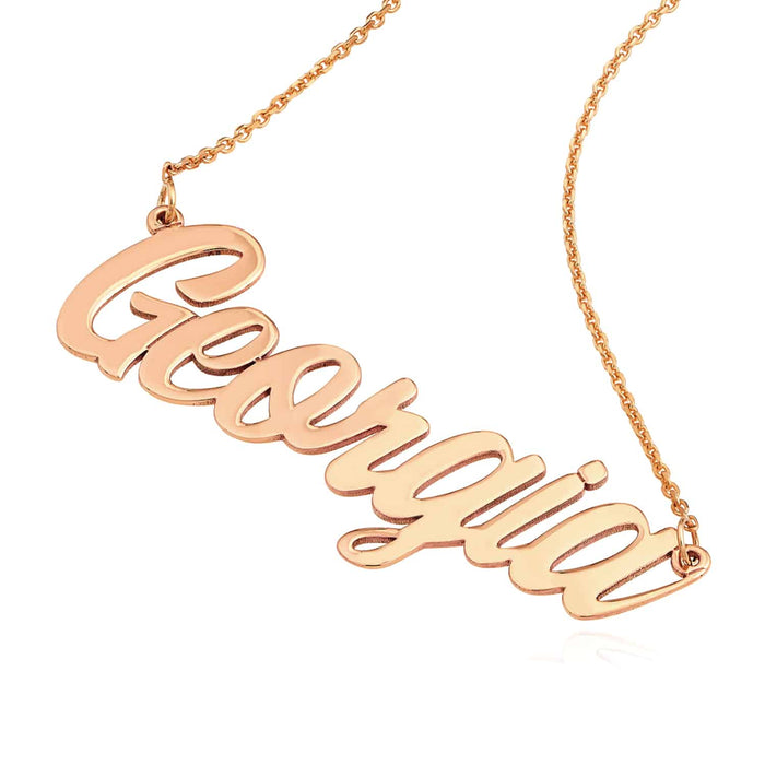 Customizable 14K Yellow White Rose Gold Script Nameplate Necklace (Solid Links) 14" - 18" Adjustable - WJD Exclusives