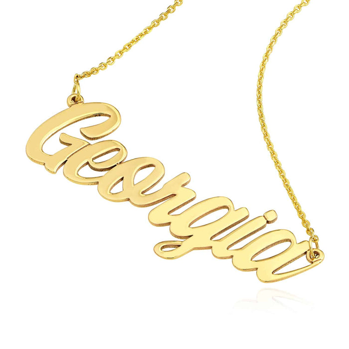 Customizable 14K Yellow White Rose Gold Script Nameplate Necklace (Solid Links) 14" - 18" Adjustable - WJD Exclusives