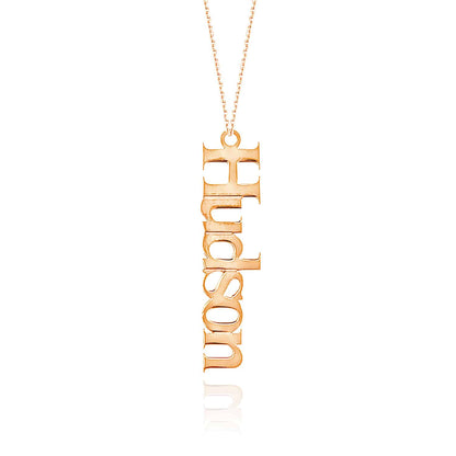 Customizable 14K Real Gold Yellow White Rose Vertical Nameplate Pendant Necklace