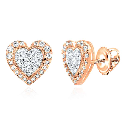 Real Diamond 10K Gold Yellow White Rose Halo Heart Screw Back Stud Earrings