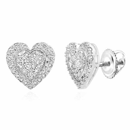 Real Diamond 10K Gold Yellow White Rose Halo Heart Screw Back Stud Earrings
