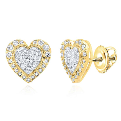 Real Diamond 10K Gold Yellow White Rose Halo Heart Screw Back Stud Earrings