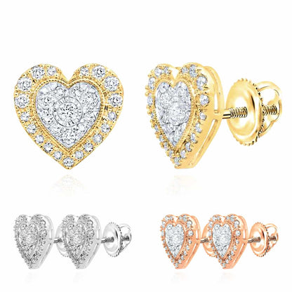 Real Diamond 10K Gold Yellow White Rose Halo Heart Screw Back Stud Earrings