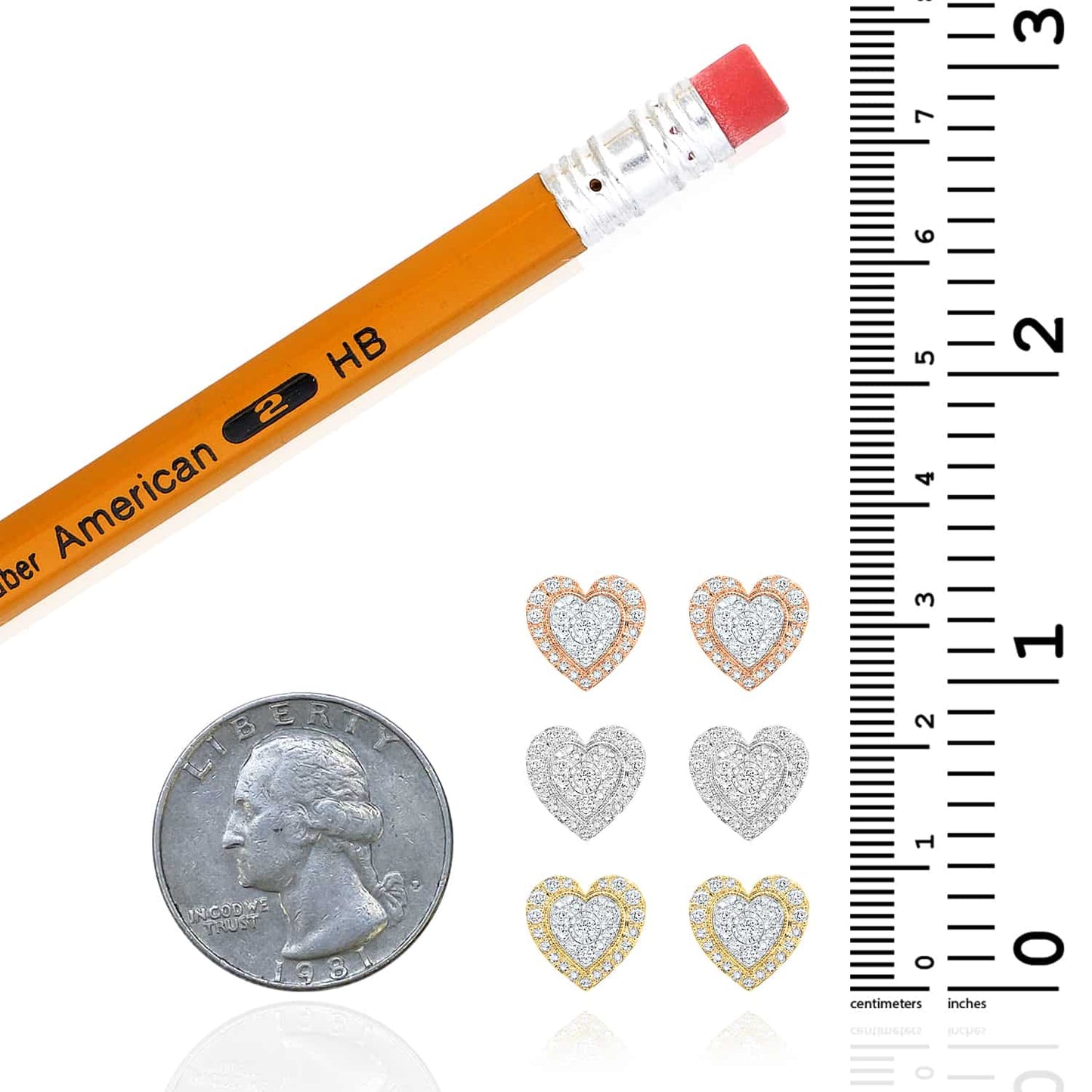Real Diamond 10K Gold Yellow White Rose Halo Heart Screw Back Stud Earrings