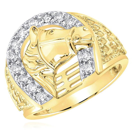 0.53CTW Real Diamond 10k Yellow Gold Horseshoe Horse Signet Ring