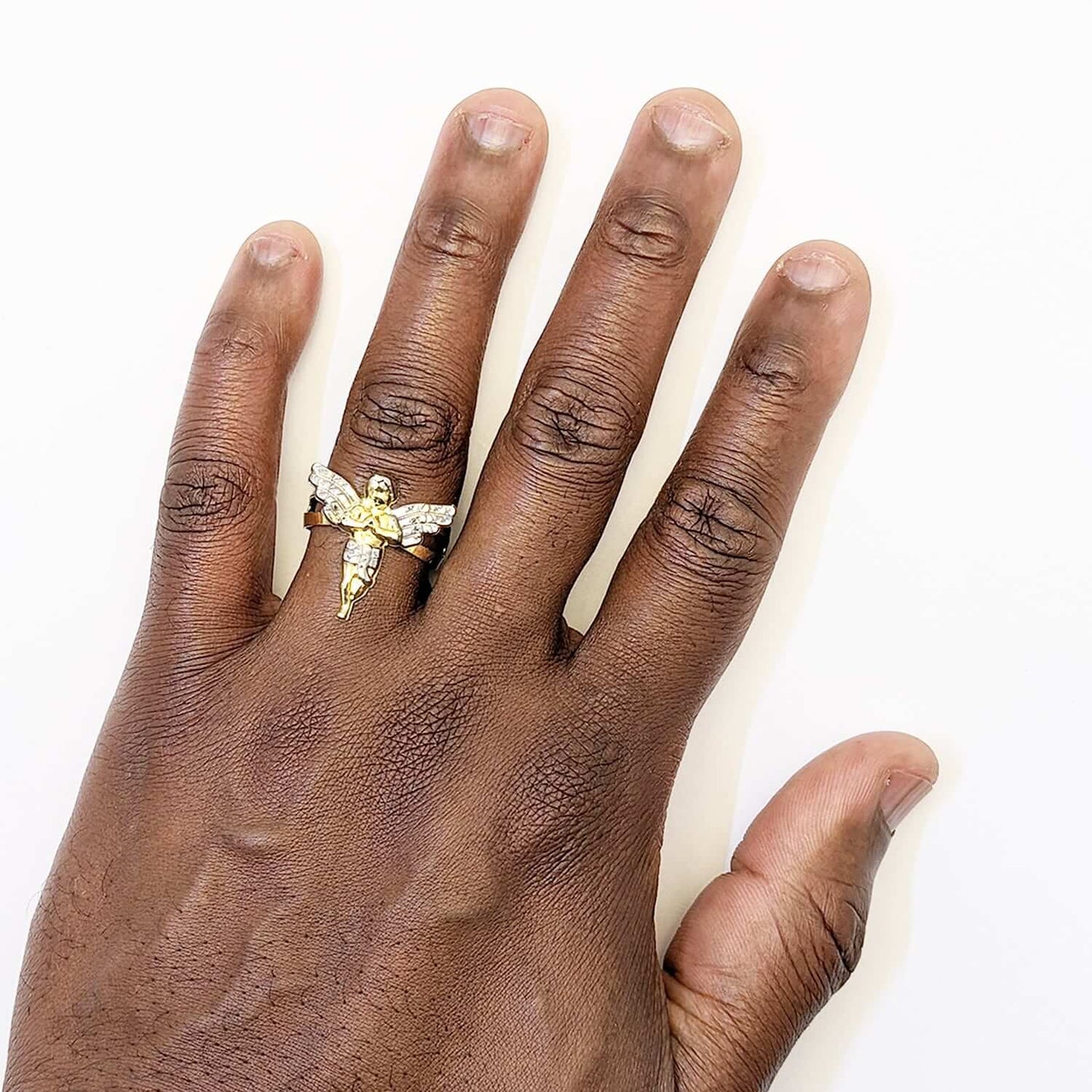 10K Gold Two-Tone Yellow White Diamond-Cut Praying Hands Angel Ring