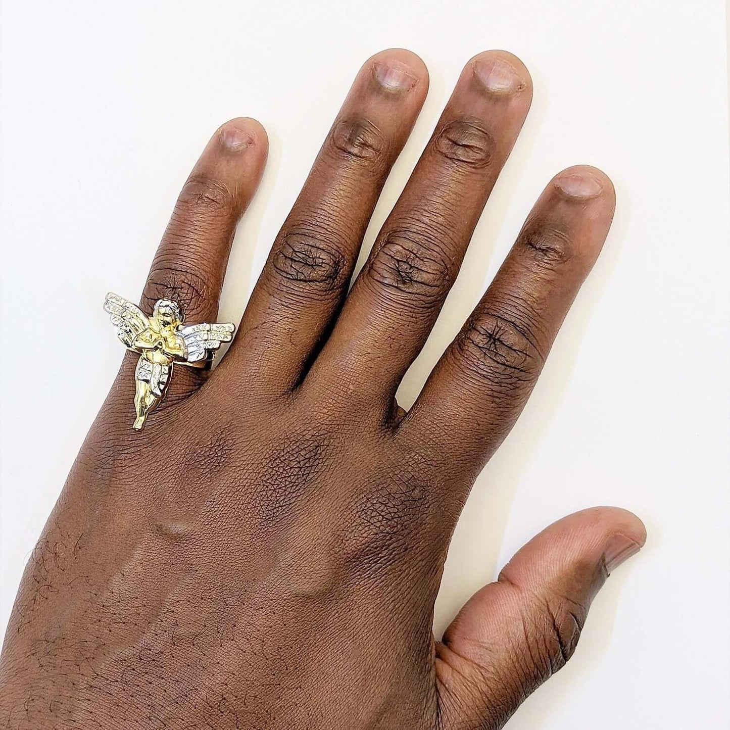 10K Gold Two-Tone Yellow White Diamond-Cut Praying Hands Angel Ring