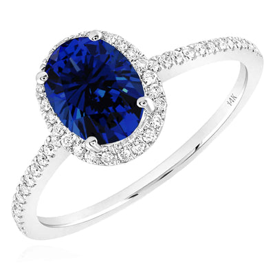 1.07CTW Natural Diamond Oval Sapphire 14K White Gold Halo Cocktail Ring - WJD Exclusives