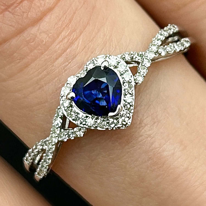 0.98CTW Natural Diamond 10K Gold White Wavy Halo Blue Sapphire Heart Ring - WJD Exclusives