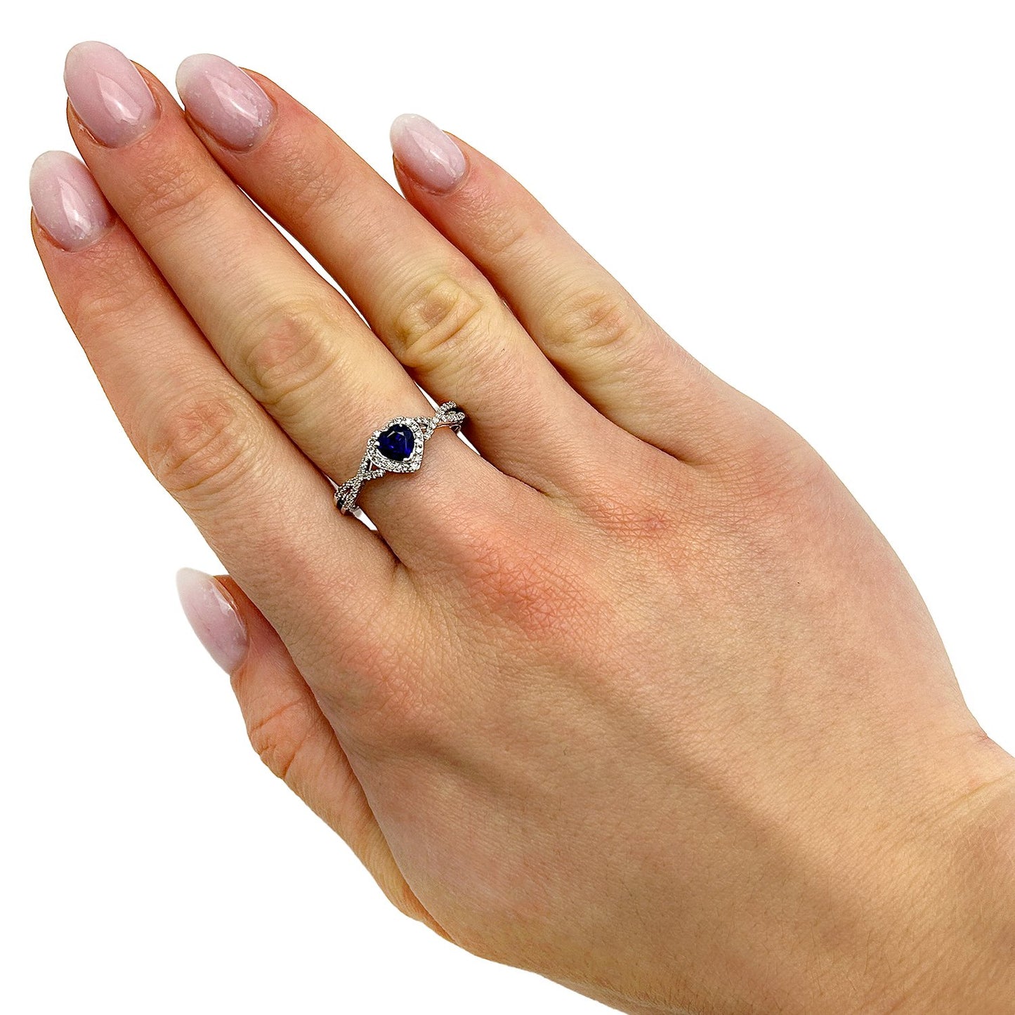 0.98CTW Real Diamond 10K Real Gold White Wavy Halo Blue Sapphire Heart Ring