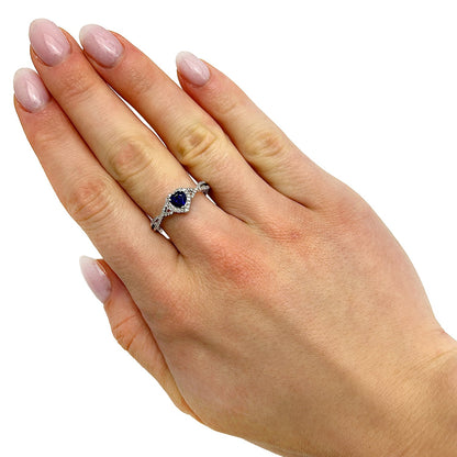 0.98CTW Real Diamond 10K Real Gold White Wavy Halo Blue Sapphire Heart Ring
