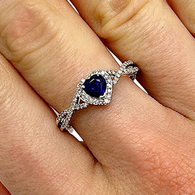 0.98CTW Real Diamond 10K Real Gold White Wavy Halo Blue Sapphire Heart Ring