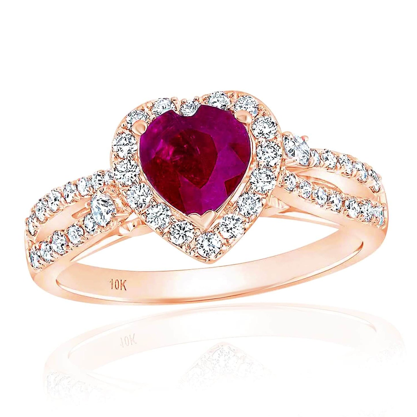 1.32CTW Real Diamond 10K Gold Rose Halo Ruby Cocktail Heart Ring