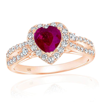 1.32CTW Real Diamond 10K Gold Rose Halo Ruby Cocktail Heart Ring
