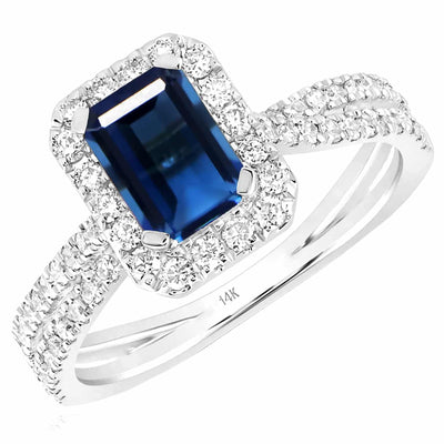 1.52CTW Natural Diamond 14K White Gold Halo Emerald - Cut Sapphire Cocktail Ring - WJD Exclusives