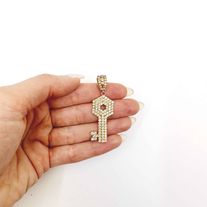 10K Yellow Gold CZ Key Pendant 2" - WJD Exclusives