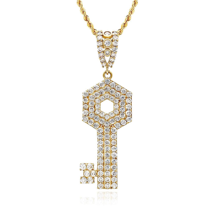 10K Yellow Gold CZ Key Pendant 2" - WJD Exclusives