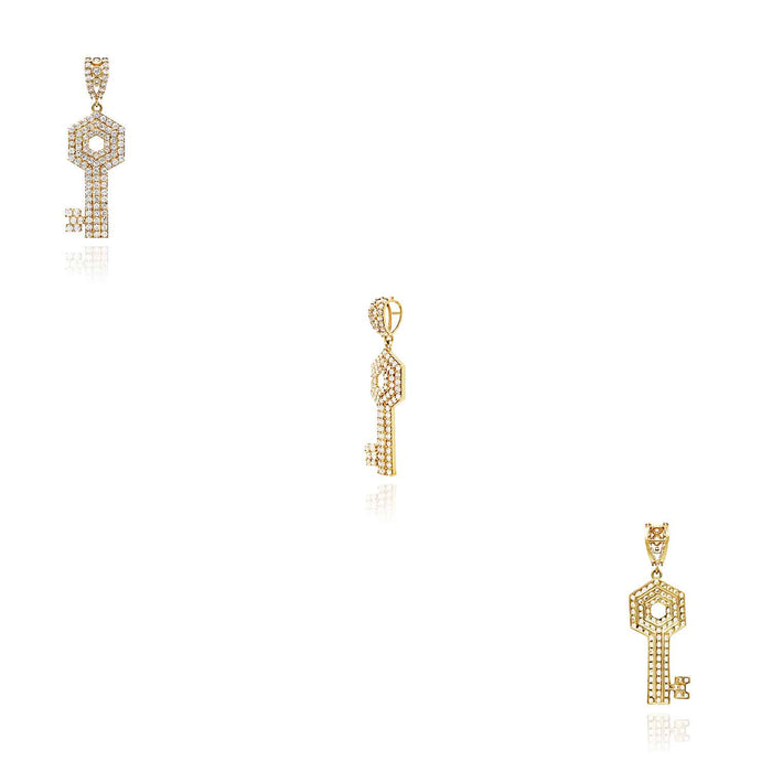 10K Yellow Gold CZ Key Pendant 2" - WJD Exclusives